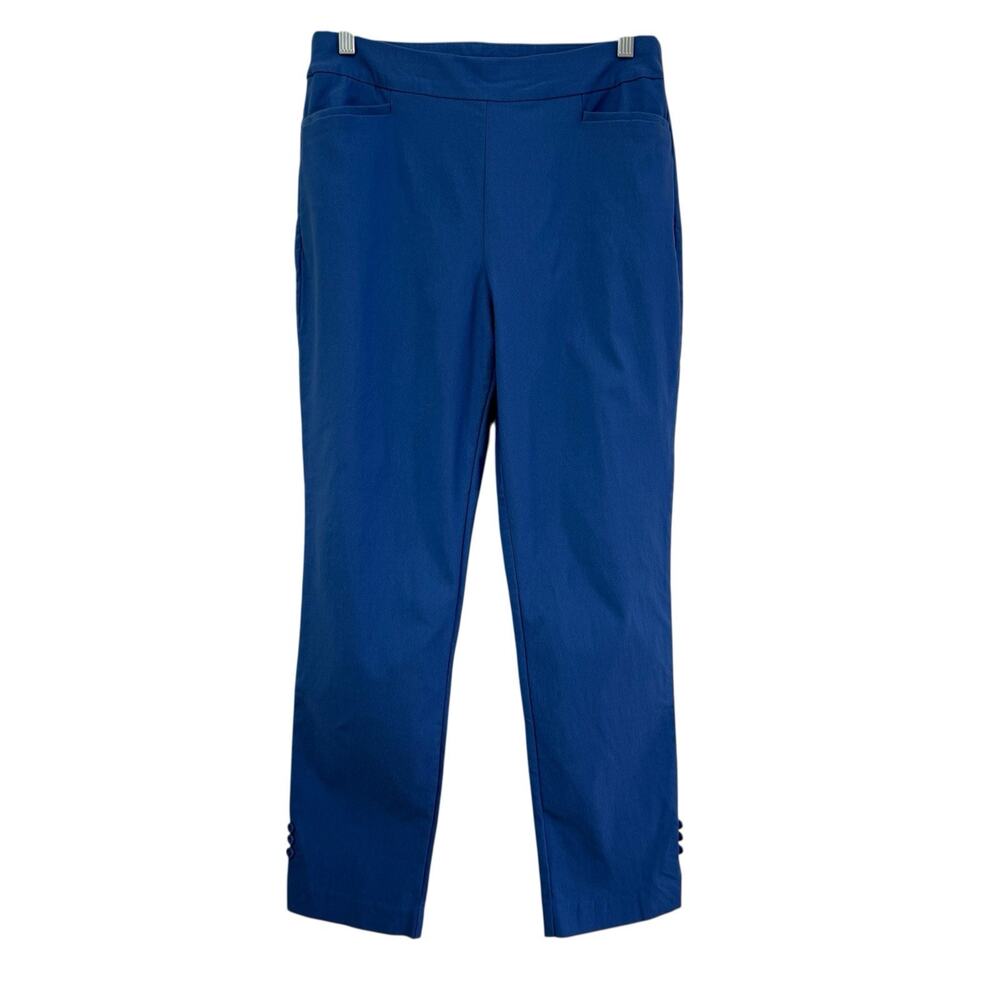 Chicos Stretch Blue Button Cuff Ankle Pants Sz 1R 8R Slimming Tummy Panel Casual